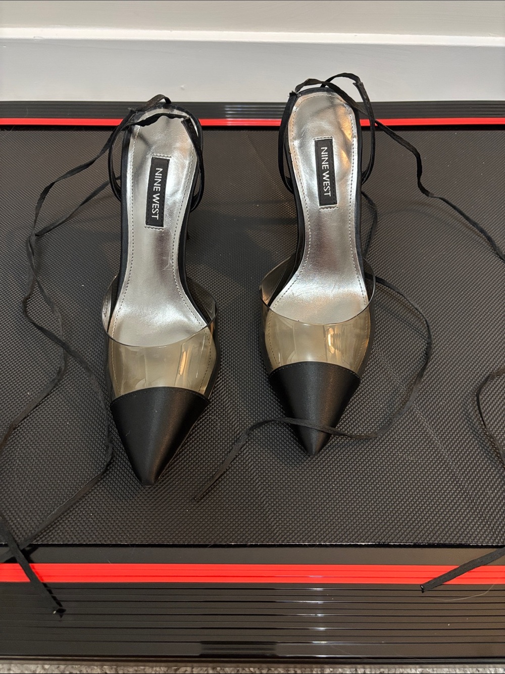 Nine West Black Pointed Lace-Up Pumps with Clear Panels